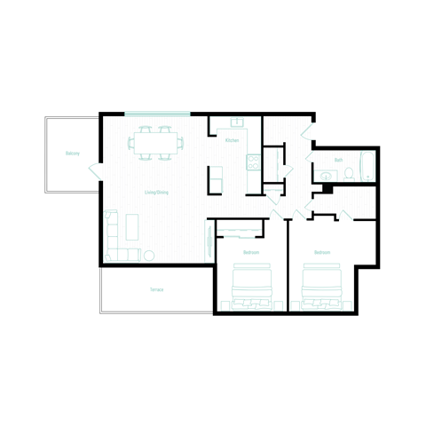 Floor plan for 2 beds, 1 bath, 1200 sqft